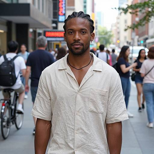 Photograph of a tall, muscular Black man with braided hair, wearing a white short-sleeve shirt, standing on a busy urban street with