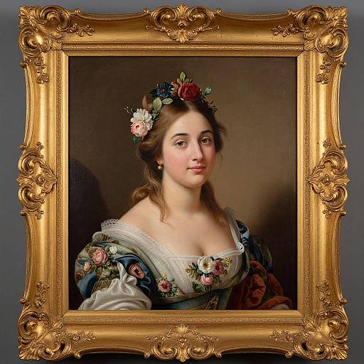 Baroque-style portrait of a fair-skinned, brown-haired woman with a floral crown, wearing a blue and white embroidered gown, in an ornate