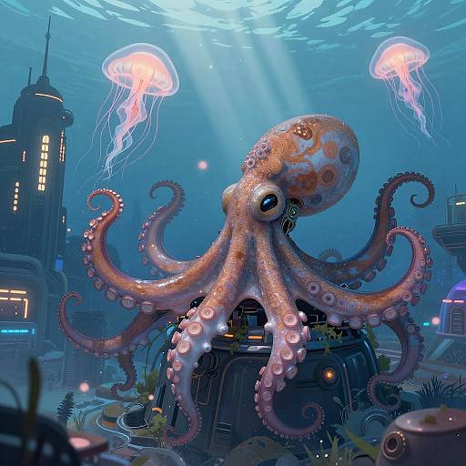 Futuristic Biomechanical Octopus in Ocean City