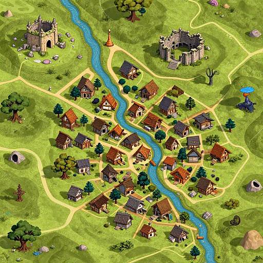 Colorful digital map of a quaint village with brown-roofed houses, a winding blue river, two stone castles, and lush greenery.