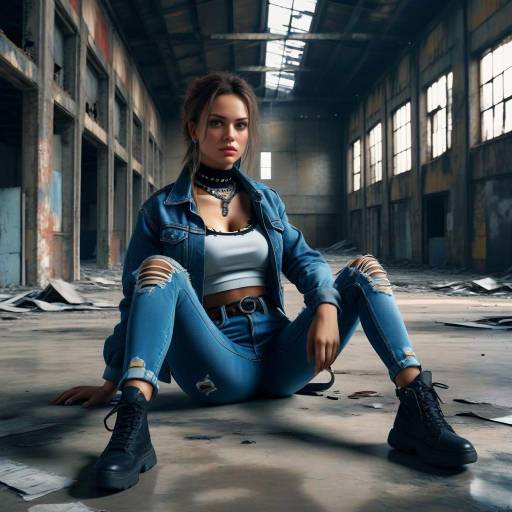 Young Woman in Denim Outfit Sitting in Abandoned Warehouse