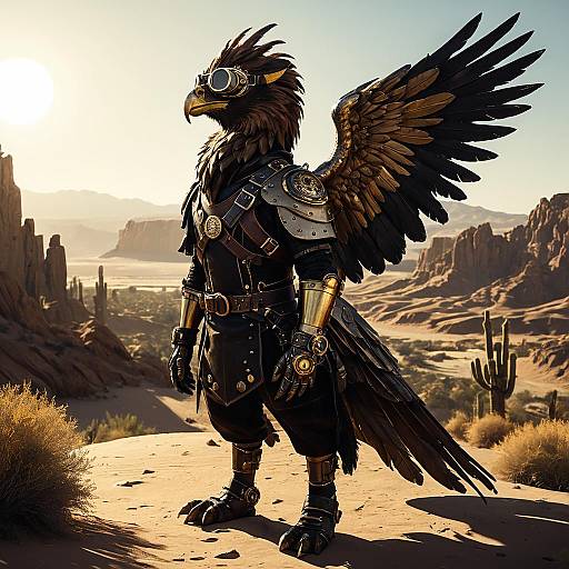 Steampunk Anthropomorphic Bronze Griffon in Desert