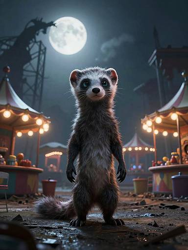 CGI image of a cute, standing raccoon with detailed fur, under a bright full moon, in a festive, nighttime carnival.