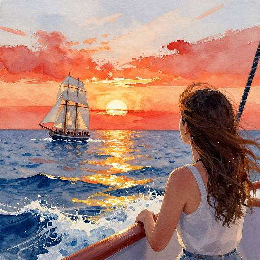Digital painting: Woman in white tank top watches sunset sailboat on vibrant, orange-red sky; waves reflect golden sunlight; she's on boat's railing