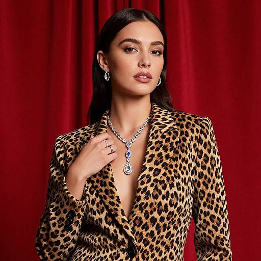 Photograph of a woman with long dark hair, wearing a leopard print blazer, silver necklace, earrings, and ring, against a red curtain background