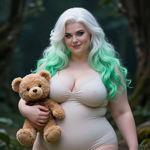 Photograph of a plus-sized woman with long, white-to-green ombre hair, wearing a white, low-cut swimsuit, holding a brown