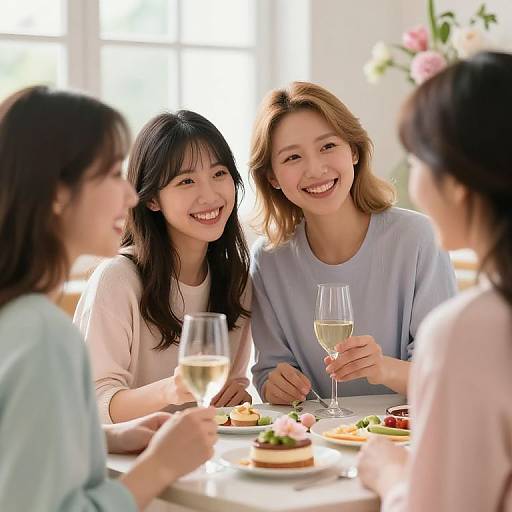 Photograph of three smiling Asian women with long hair, wearing light-colored tops, dining together at a sunlit table with wine glasses and colorful dishes.