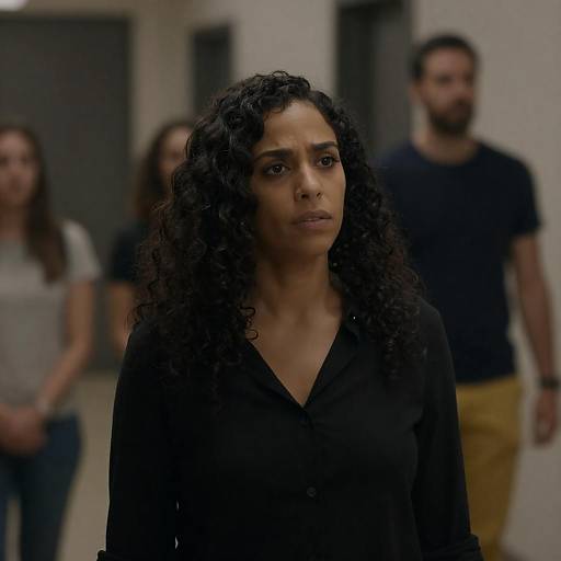 Concerned Woman in Dimly Lit Hallway