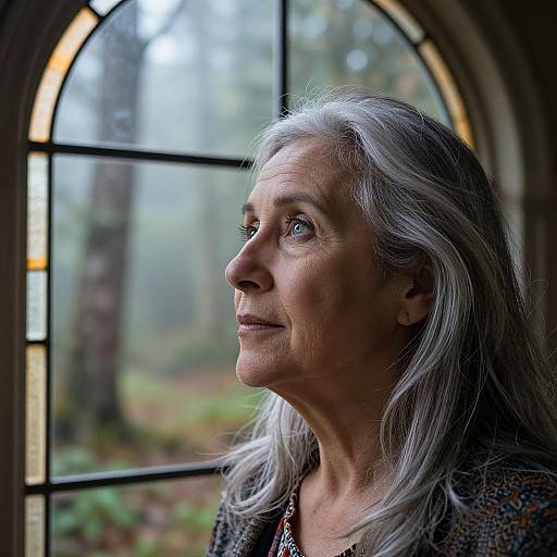 Photograph of an elderly woman with long silver hair, gazing thoughtfully out a large, arched, stained glass window into a misty forest
