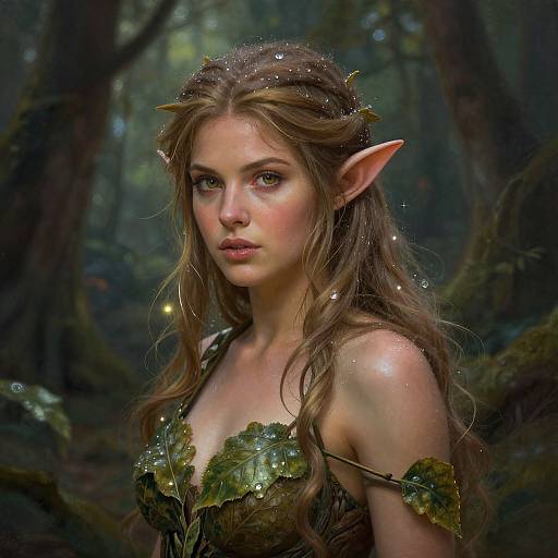 Digital fantasy art of an elf woman with long brown hair, pointed ears, leafy dress, and forest background, glowing in soft light.