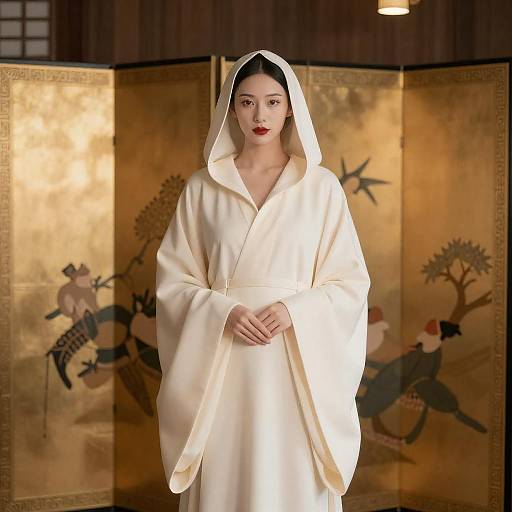 Elegant Woman in Cream Hooded Robe