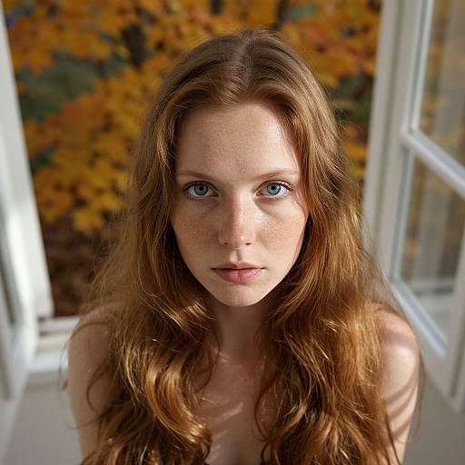 Photograph of a fair-skinned, blue-eyed, freckled redhead woman with long, wavy hair, standing in a sunlit window framed