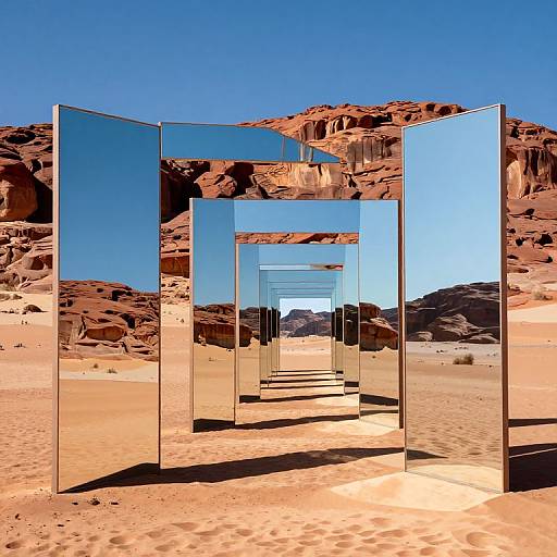 Photograph of a mirrored sculpture in a desert with red rock formations. The reflective panels create a tunnel-like effect, mirroring the clear blue sky and