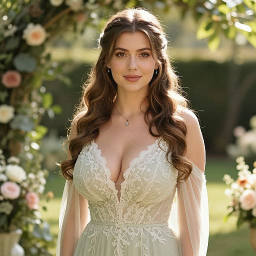 Photograph of a beautiful brunette woman with long wavy hair, wearing a low-cut, lace-embellished, off-shoulder wedding gown