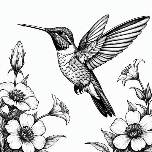 Hand-drawn Hummingbird and Flowers Illustration