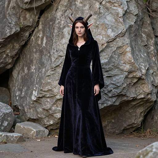 Photograph of a pale-skinned woman with black horns and pointed ears, wearing a long, black velvet gown, standing against a rocky cave background.