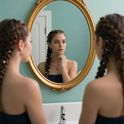 Woman Gazes in Gold-Framed Mirror