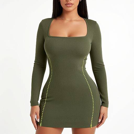 Photograph of a woman with long black hair wearing a tight, green ribbed mini dress with yellow zipper accents on the sides.