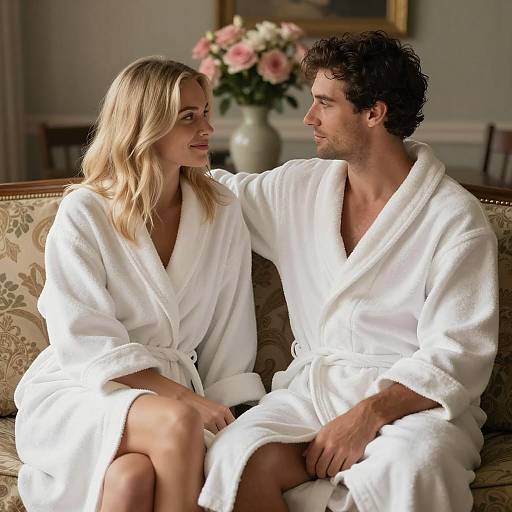 Couple in White Bathrobes Sitting on Sofa