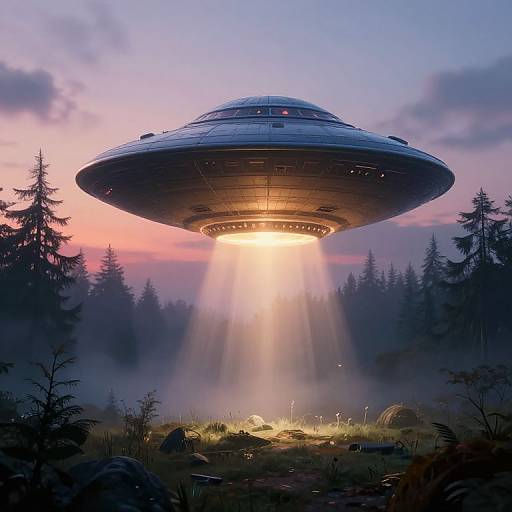 Photorealistic digital art of a glowing UFO hovering above a misty forest at sunset, with beams of light illuminating the ground.