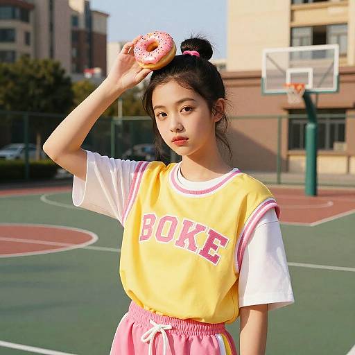 Photograph of an Asian girl with dark hair in a bun, wearing a yellow 