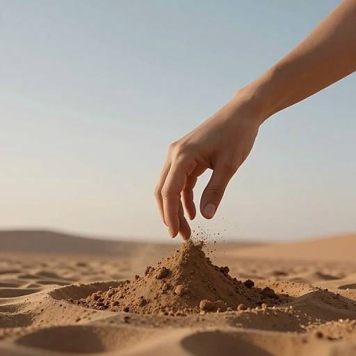 Photograph of a hand gently touching a small mound of sand in a sunlit, empty desert with a clear blue sky.