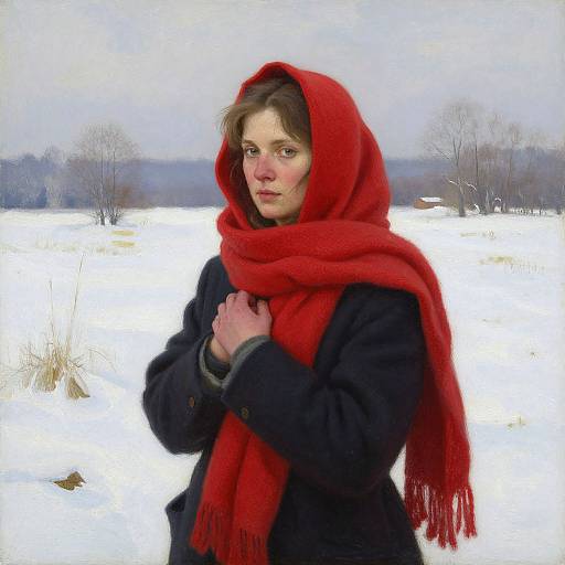 Photograph of a woman with light skin, brown hair, wearing a red hooded scarf and black coat, standing in a snowy field with bare trees