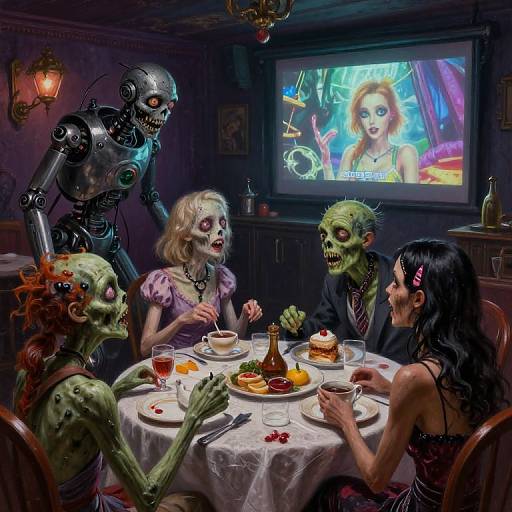 Digital artwork: Five zombie-like figures with decayed skin, sharp teeth, and colorful hair, dine in a dimly lit room with a TV showing