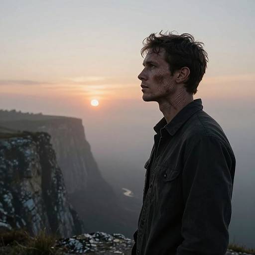 Photograph of a dirty, rugged man with short, messy hair, wearing a dark jacket, standing in profile at sunset on a cliff overlooking a mist
