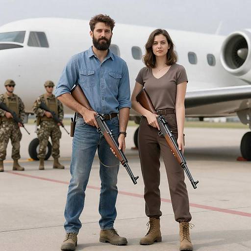 Armed Man and Woman Standing on Airstrip