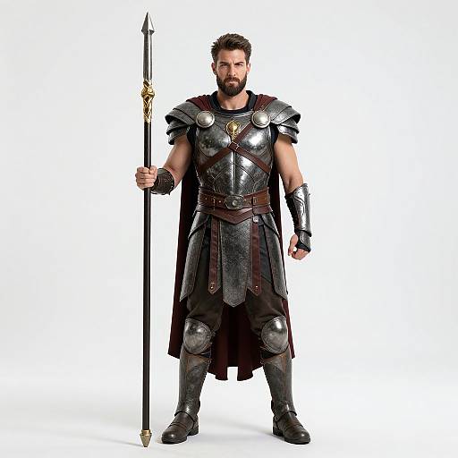 Photograph of a muscular, bearded man in detailed medieval armor holding a tall, ornate spear, standing against a white background.