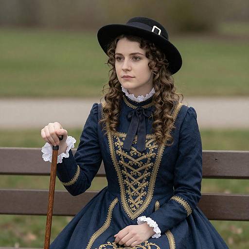 Victorian Woman with Cane on Bench