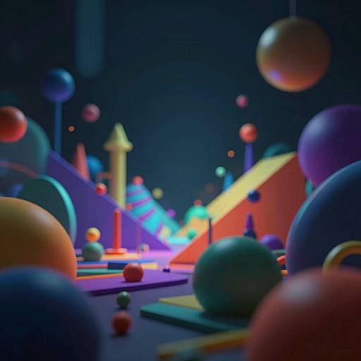 Vibrant digital art of colorful, floating spheres and geometric shapes in a dark, glowing background, creating a whimsical, abstract scene.