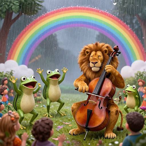 Digital illustration of a lion playing a cello, surrounded by dancing frogs under a vibrant rainbow in a rainy forest.