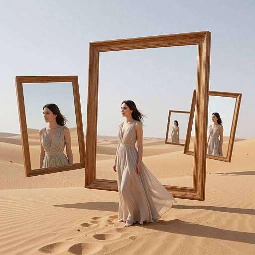 Photograph of a woman in a flowing beige dress standing in a desert with three large wooden mirrors reflecting her image. Bright blue sky, golden sand d