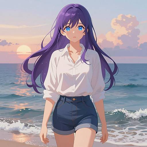 Anime Girl by Ocean at Sunset