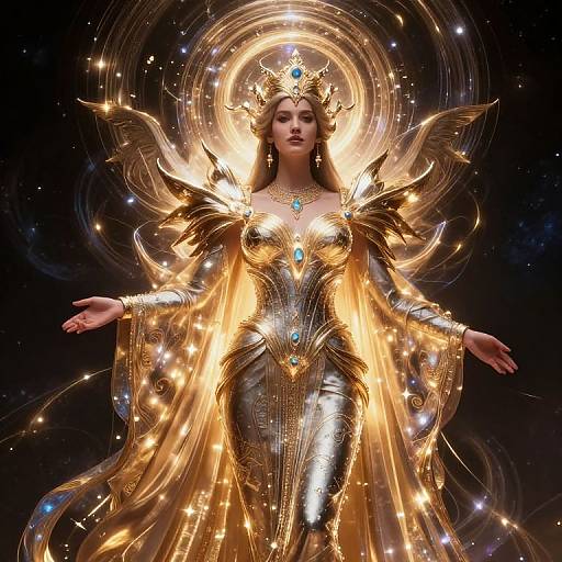 Digital art of a radiant, golden-armored goddess with flowing wings, glowing blue jewels, and an ethereal halo against a starry background.