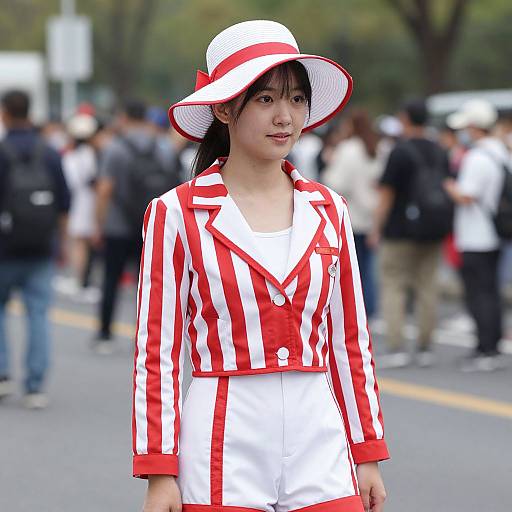 Photograph of an Asian woman in a white and red striped jacket, matching hat, standing in a blurred crowd outdoors.
