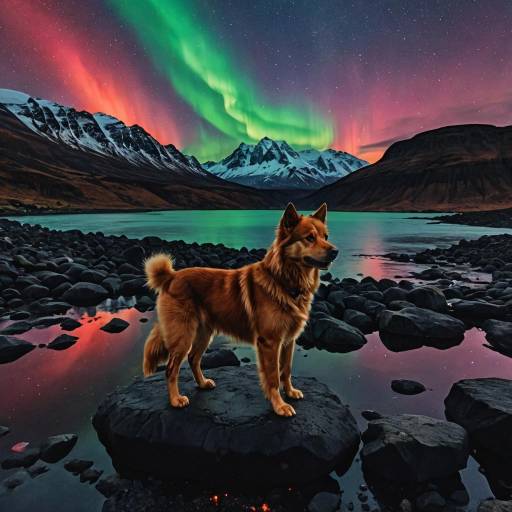 Dog at Night with Northern Lights