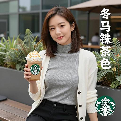 Asian Woman Holding Starbucks Iced Coffee Outdoors