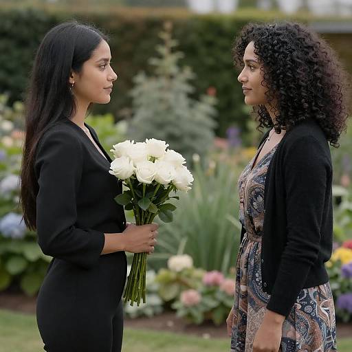 Two Women Facing Each Other Outdoors with White Roses