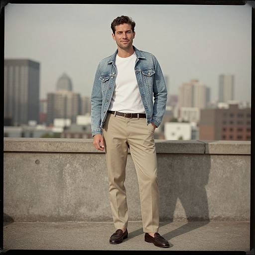 Photograph of a handsome man with short dark hair, wearing a white t-shirt, blue denim jacket, beige pants, and black shoes, standing on
