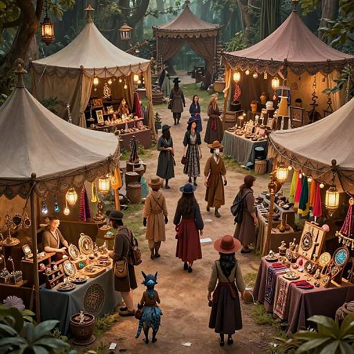 Photograph-like CGI of a Victorian-era market in a forest, with lit tents, vendors in period clothing, and customers browsing vintage items, illuminated by
