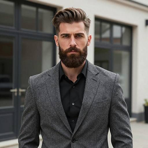 Photograph of a handsome, bearded man with styled dark brown hair, wearing a gray textured blazer over a black button-up shirt, standing in