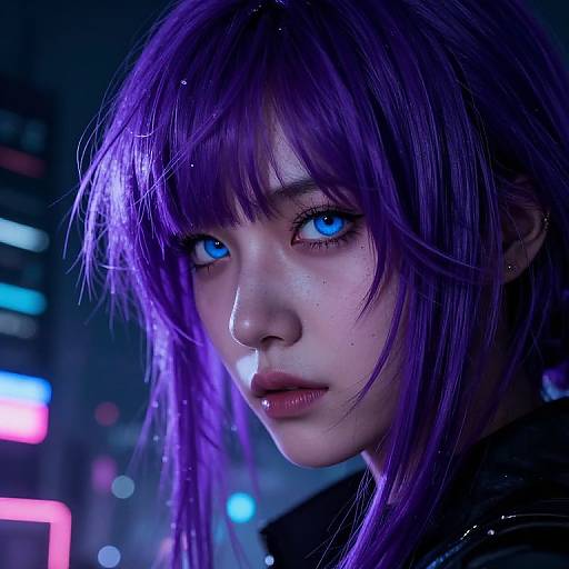 Digital artwork of a cyberpunk woman with vibrant purple hair, glowing blue eyes, and pale skin, set against a neon-lit city background.