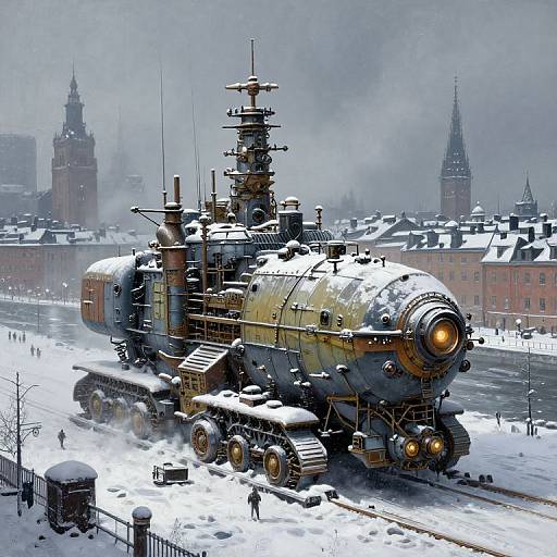 Photograph-style CGI of a snow-covered, steampunk-style locomotive with intricate mechanical details, moving on snowy tracks in a wintry cityscape