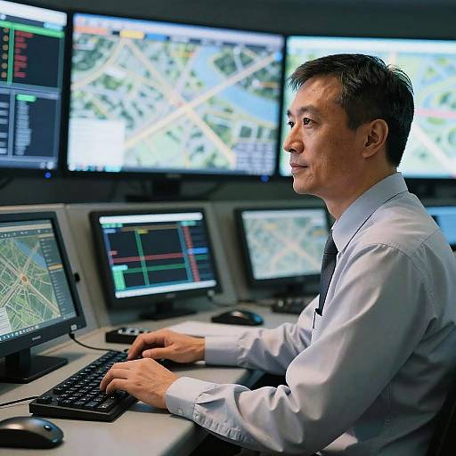 Middle-aged man in white shirt and black tie, sitting at control desk, using keyboard, surrounded by multiple computer monitors displaying maps and data.