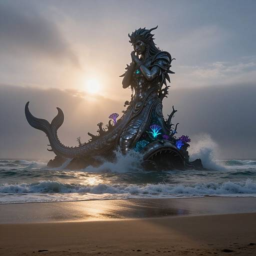 Digital artwork of a serpentine, dragon-like sea creature emerging from the ocean, adorned with glowing bioluminescent plants, at sunset on a
