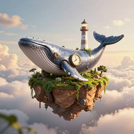 Whimsical CGI of a clock-eyed, metallic blue whale with a lighthouse on a floating island, surrounded by clouds and greenery.