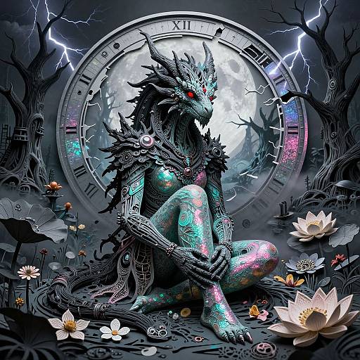 Digital artwork of a glowing, cyber-fantasy dragon-humanoid with red eyes, metallic armor, and neon accents, sitting among lotus flowers against a